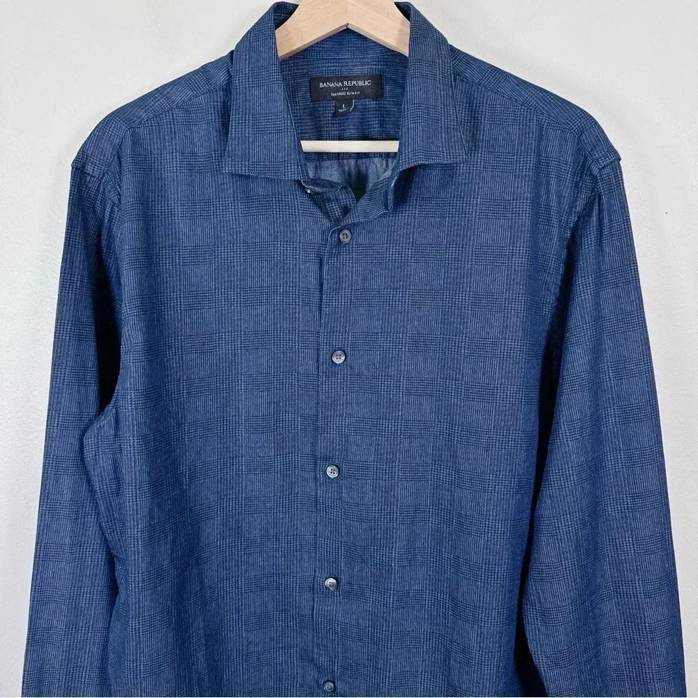 Banana Republic Plaid Denim Chambray Slim Fit Button Shirt